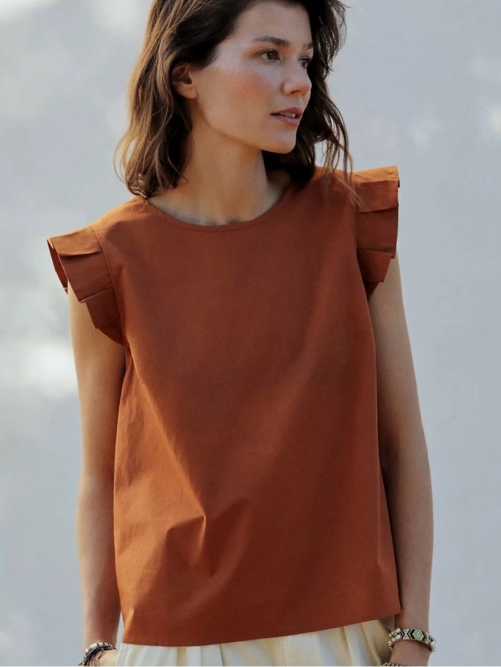 Mare Mare X Anthropologie Aimee Ruffle Cap Sleeve Blouse Size S Terracotta